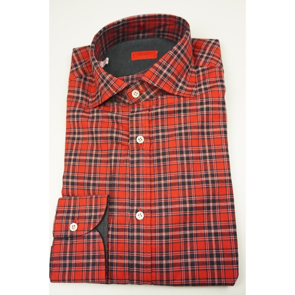Isaia cherry Red Navy Flannel Plaid Long Sleeve Cotton Dress Shirt 15.5/39 NEW - Picture 1 of 5